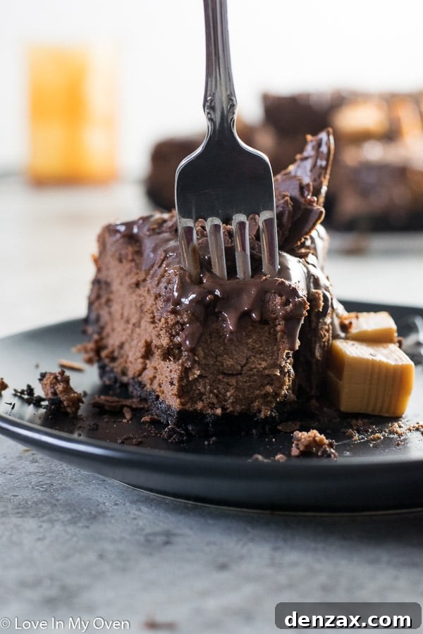 slice of chocolate caramel cheesecake
