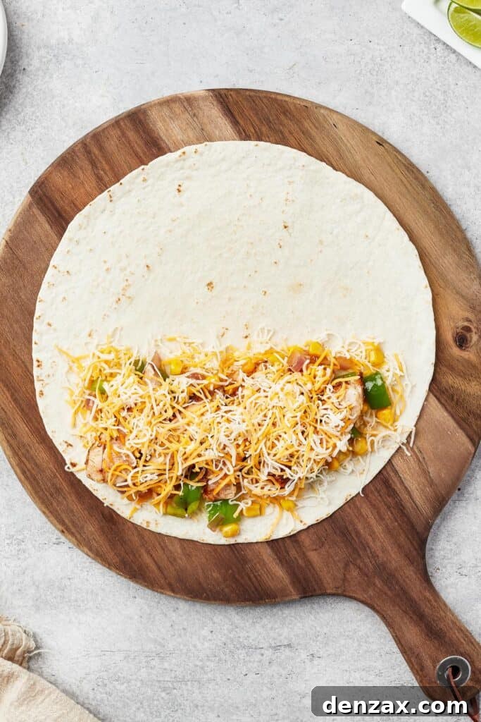 One half of a large flour tortilla covered with a layer of shredded cheese and chopped vegetables.