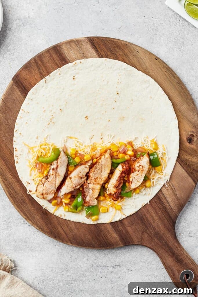 One half of a large flour tortilla layered with shredded cheese, cooked chicken, and sautéed vegetables, ready to be folded.