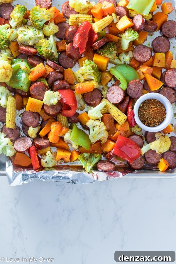 Sheet Pan Sausage and Roasted Vegetables 5 Close-up of One Pan Sausage and Roasted Vegetables