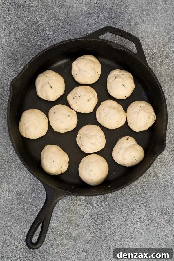 Freshly shaped dinner rolls resting in a cast iron skillet, ready for baking.
