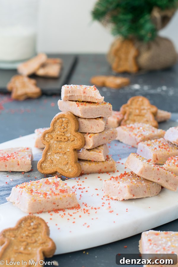 A beautifully composed flat lay of gingerbread fudge squares, some topped with festive sprinkles.