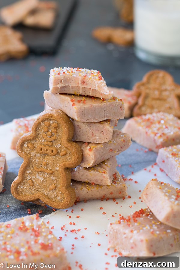 An overhead shot of decorated gingerbread fudge squares, artfully arranged on a clean white background.