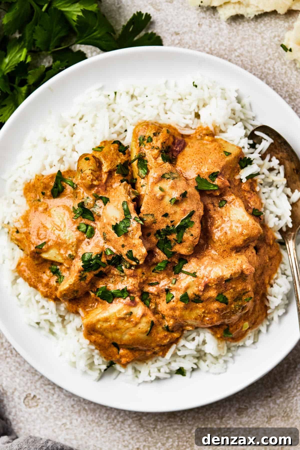 Butter Chicken Makhani 3 A serving of creamy butter chicken over fluffy basmati rice.