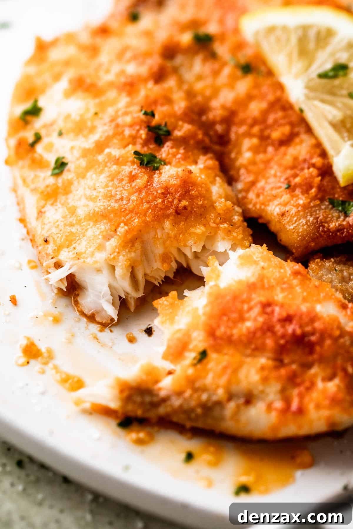 up close shot of a tilapia filet cooked in the air fryer.