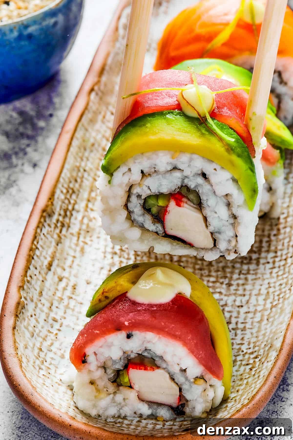 A bite of sushi held in a pair of chopsticks. A small plate of sushi and a container of soy sauce is in the background.