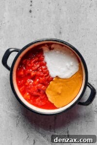 Crushed tomatoes, peanut butter, and coconut milk in a large pot.