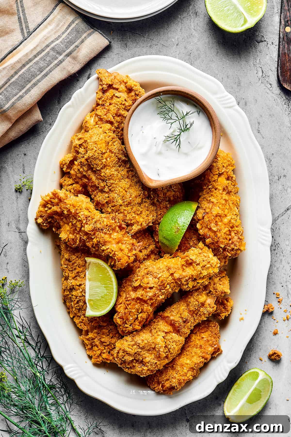 Air-fried chicken tempura pieces beautifully arranged on a platter, garnished with vibrant lime wedges and served with a small, inviting dish of dipping sauce.