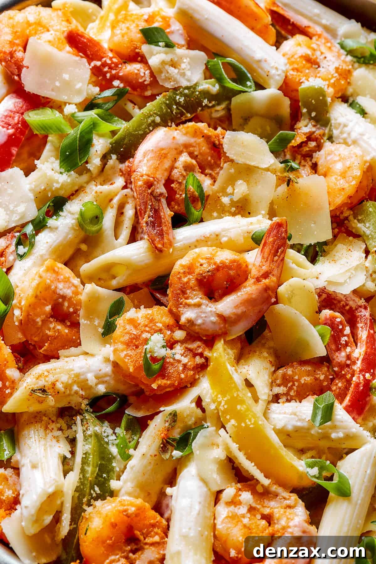 Close-up shot of Rasta pasta, highlighting the creamy sauce, colorful vegetables, and shrimp.