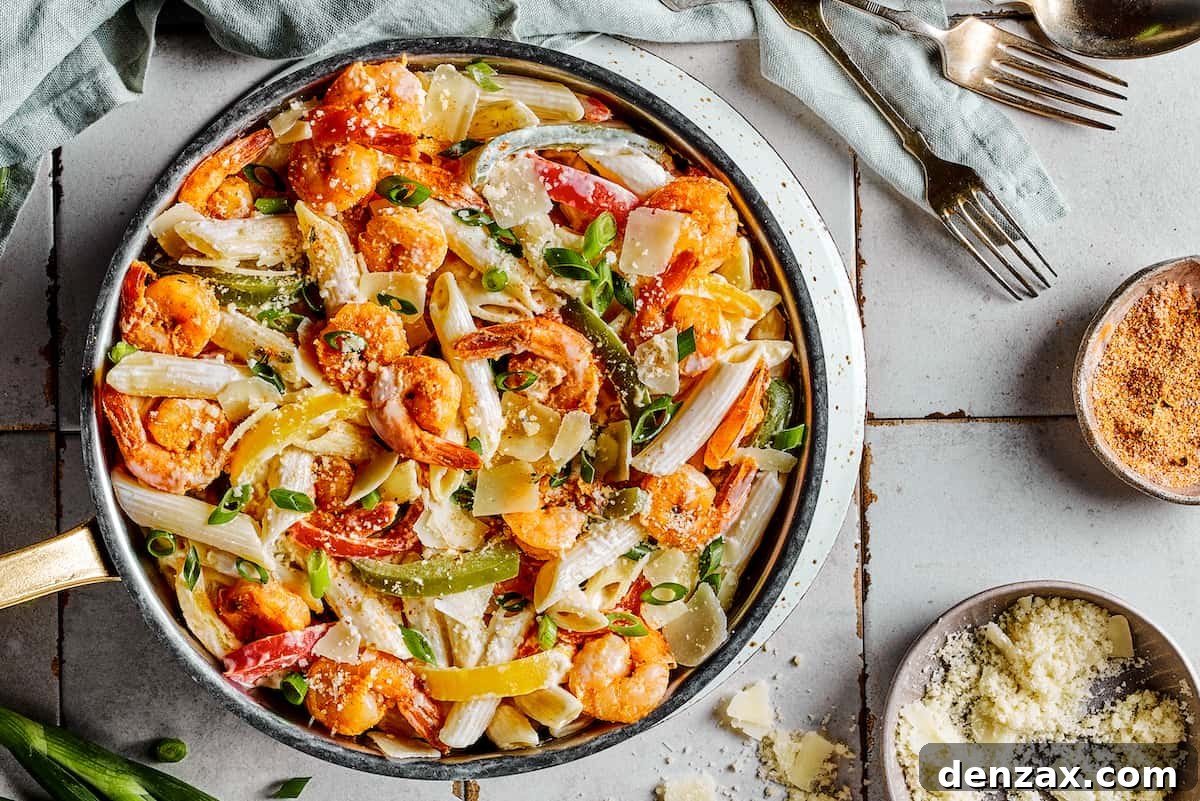 A creamy pasta and shrimp skillet dinner ready to serve.