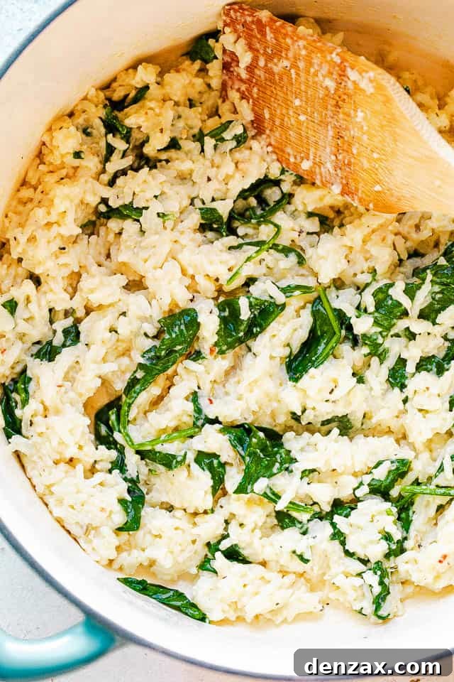 top view of cooking rice with spinach