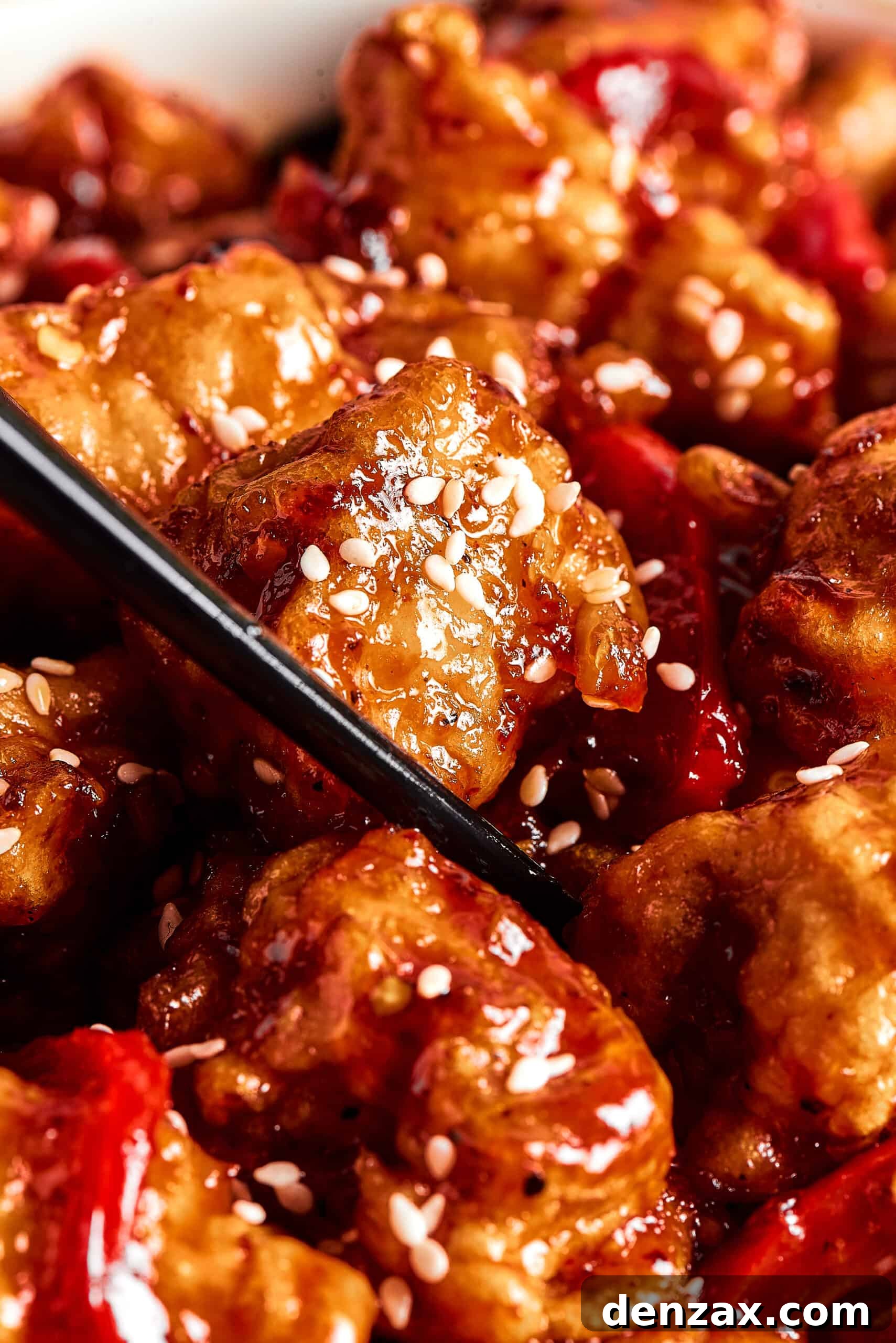 A pair of chopsticks picking up a piece of sticky chicken from a dish.
