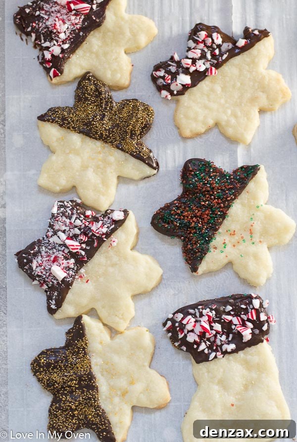 Close-up of a chocolate covered shortbread cookie with red and green sprinkles.