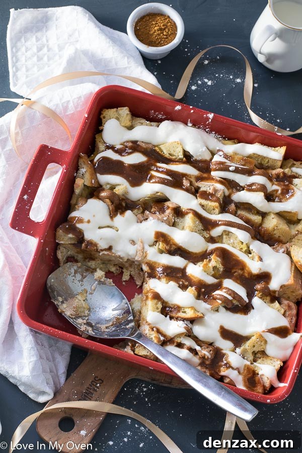 Overnight cinnamon French toast casserole with a rich cream cheese filling and sweet toppings