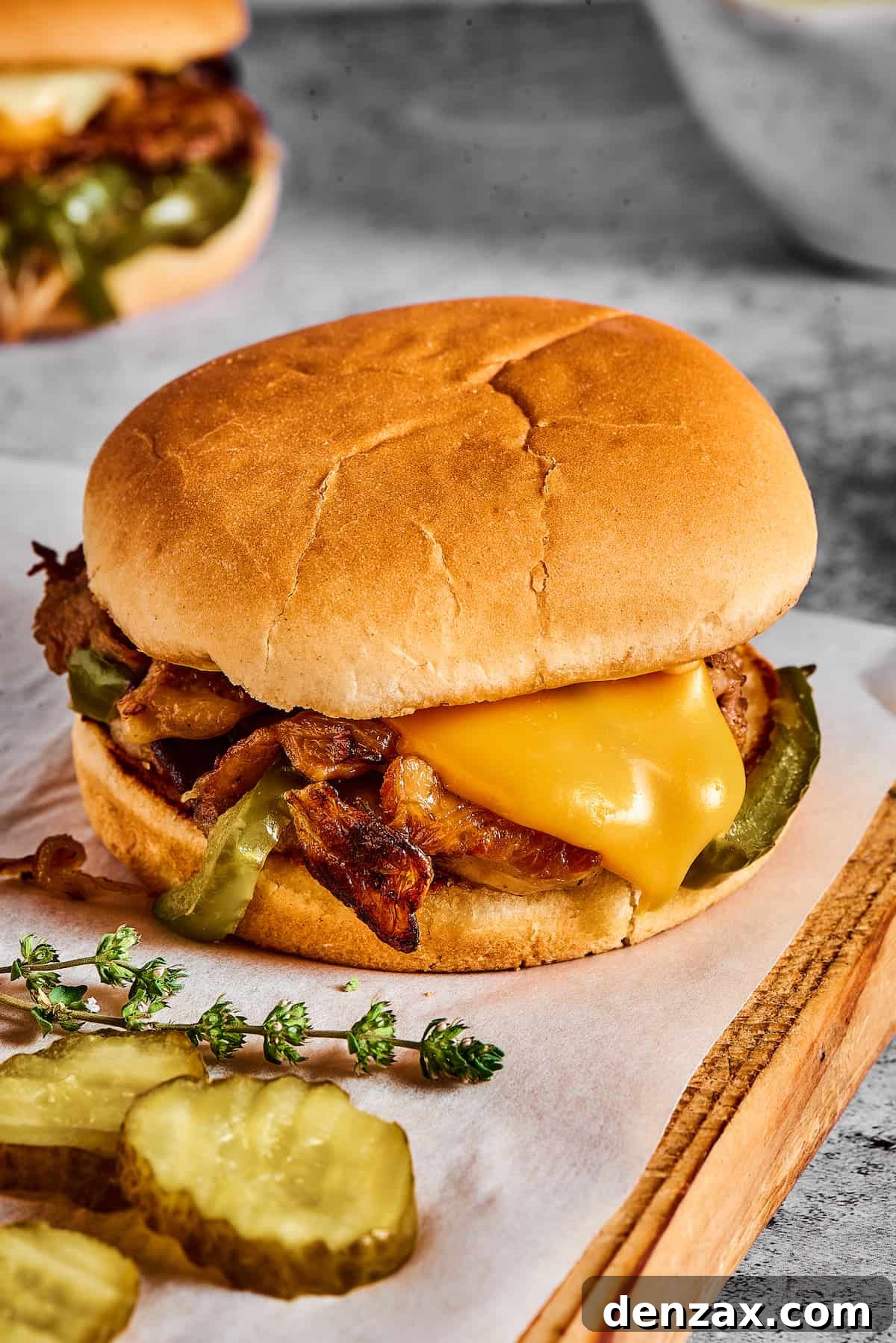 A single, perfectly constructed Philly Cheesesteak Burger served on a hamburger bun, accompanied by fresh dill pickle chips and garnished with a delicate sprig of fresh thyme.