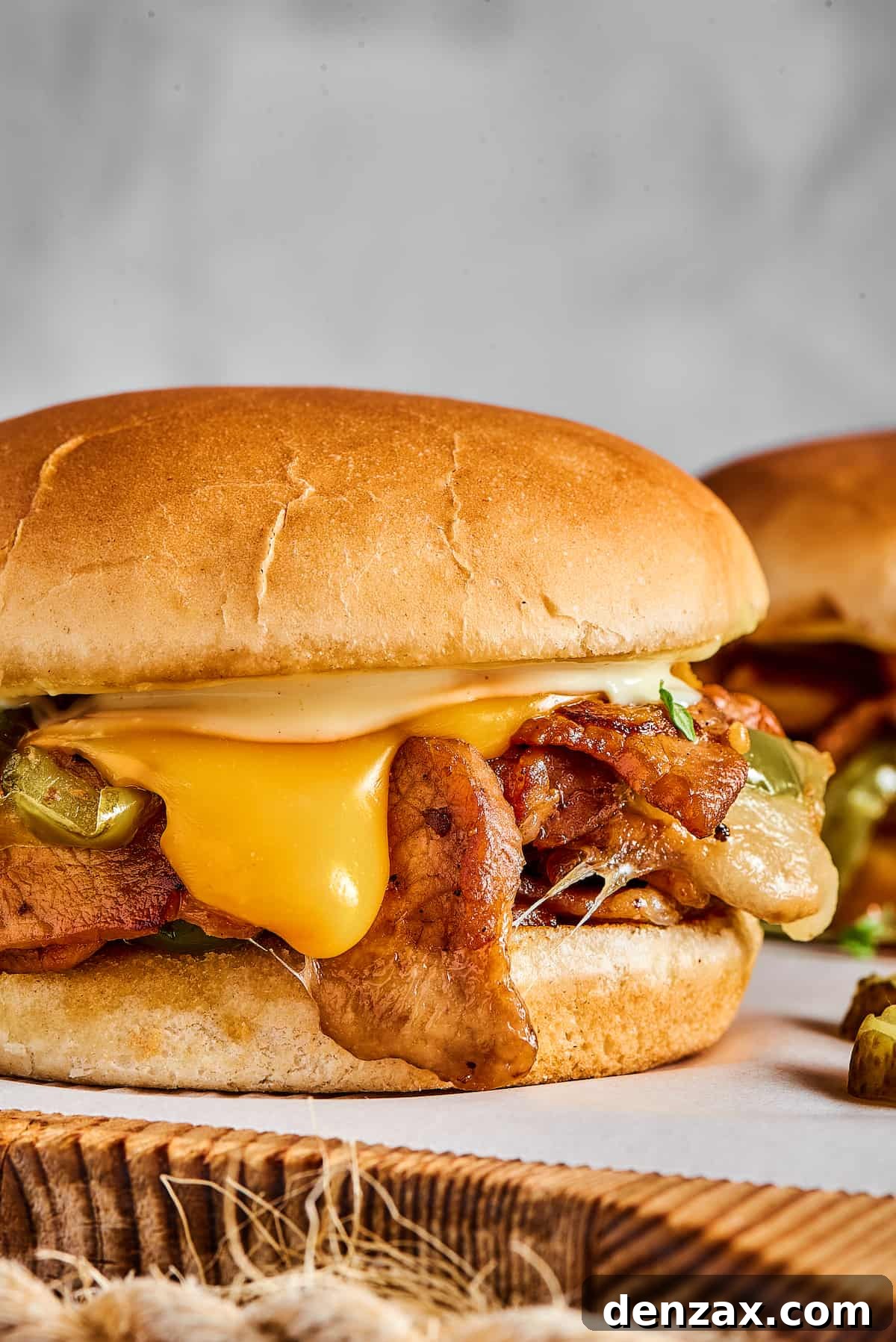 Three perfectly assembled Philly Cheesesteak Burgers resting on a parchment-lined cutting board, showcasing the abundant filling of steak, onions, peppers, and melted cheese.