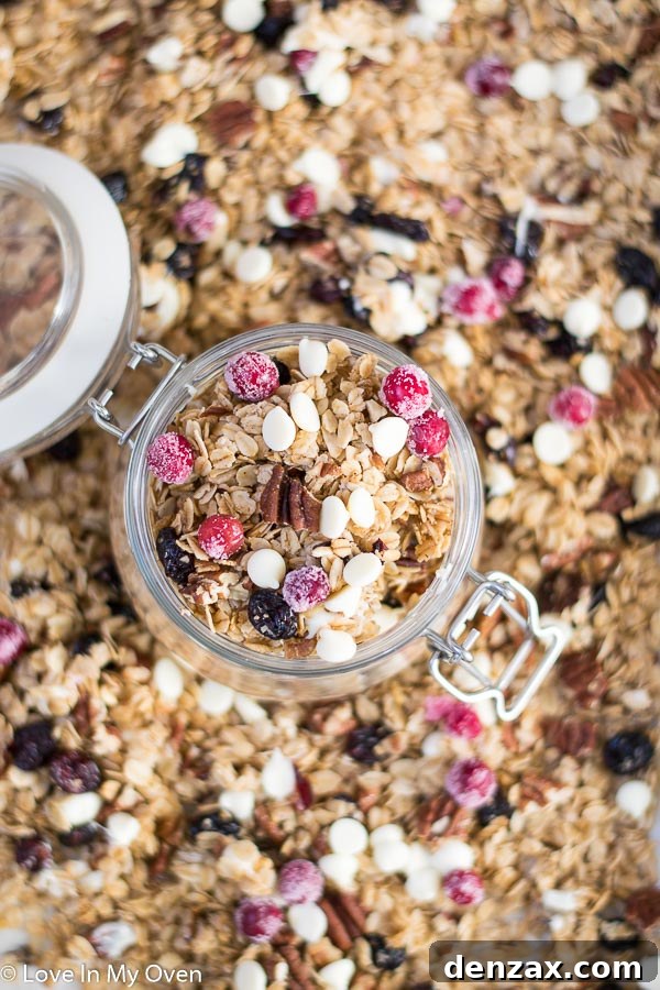 Delicious homemade cranberry pecan granola with white chocolate chips