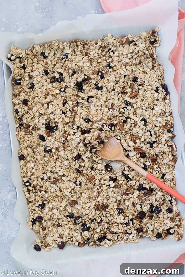 Bowl of homemade cranberry pecan granola with white chocolate