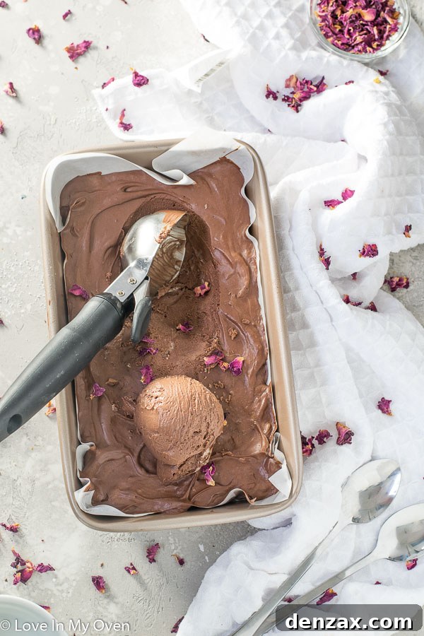 Close-up shot of the creamy vegan chocolate ice cream mixture being folded in a bowl before freezing