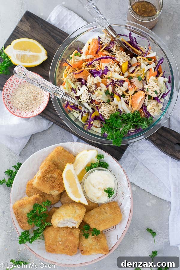 A vibrant Crunchy Ramen Noodle Salad with mandarin oranges and mixed greens, ideal for a fast dinner.