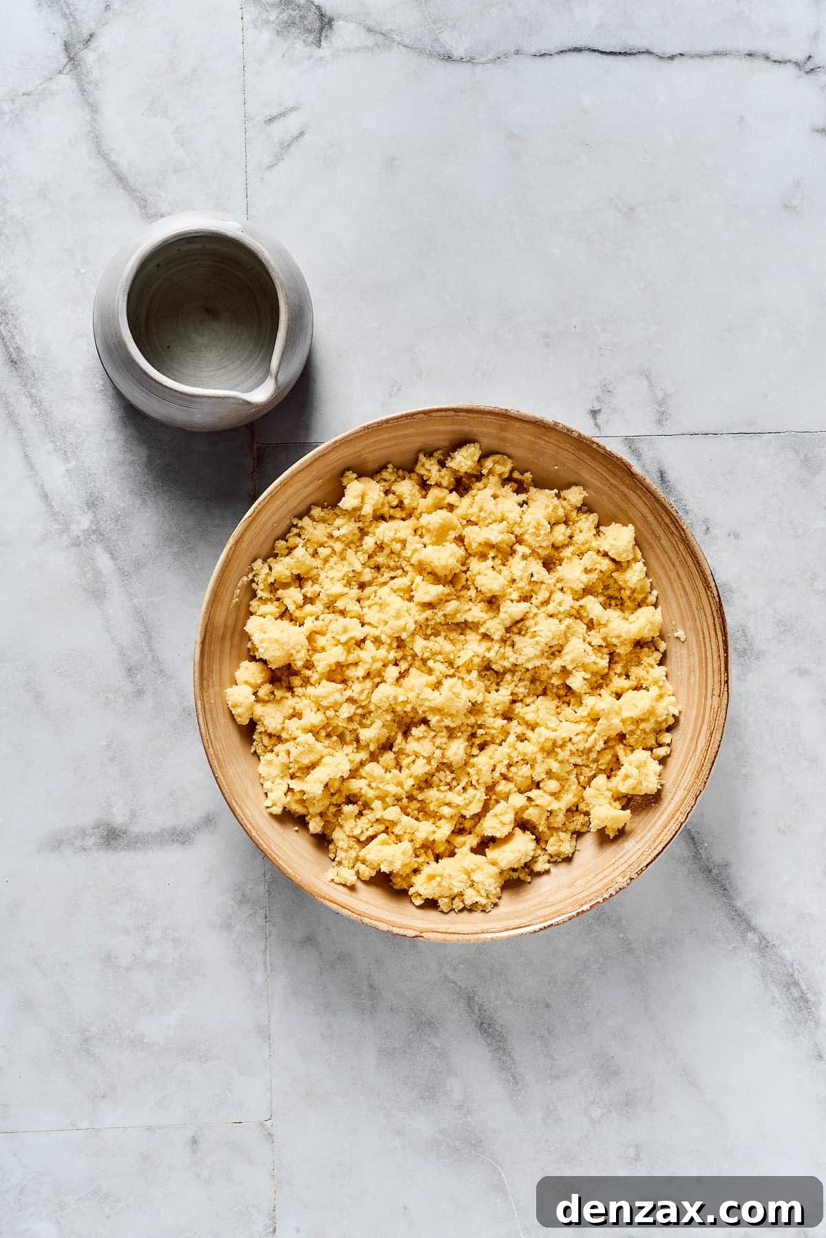 A close-up shot of crumbly pie dough within a mixing bowl, showing distinct small pieces of butter blended into the flour mixture.