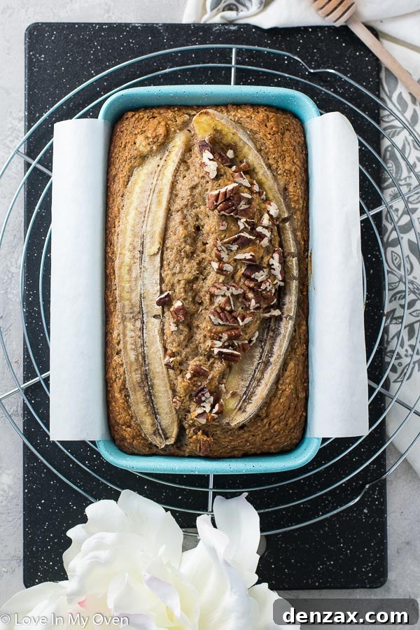 healthy whole wheat banana bread with a banana topping