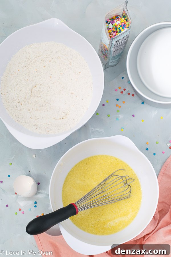 Baking ingredients for healthy birthday cake: wet and dry ingredients in separate bowls, ready to be combined.