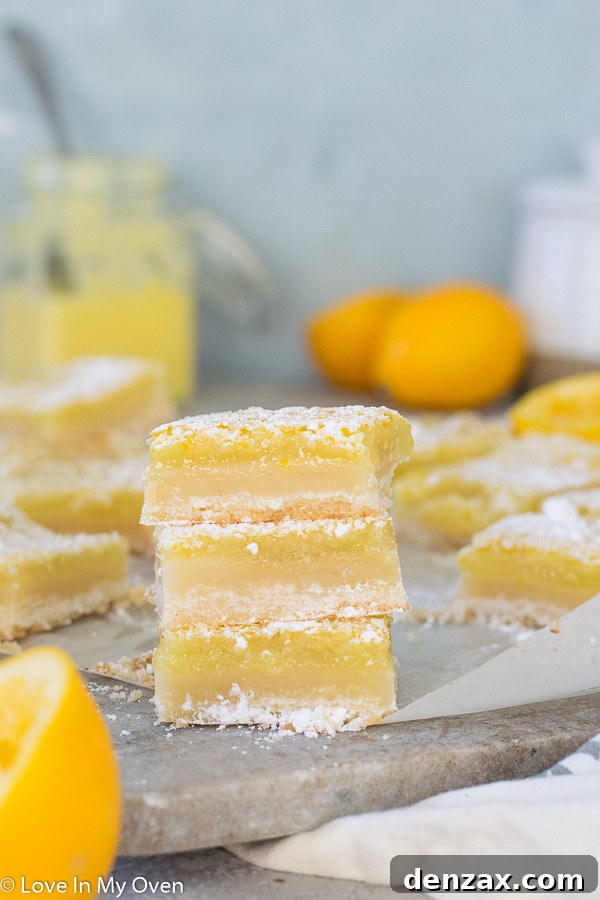 Deliciously sweet and tart Meyer Lemon Bars on a plate, dusted with powdered sugar, ready to be enjoyed.