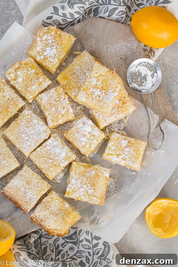 Close-up of freshly baked Meyer Lemon Bars, showing the vibrant yellow filling and golden brown shortbread crust.