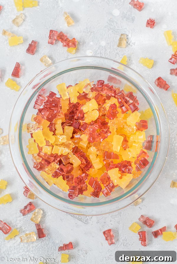 various flavors of homemade gummy bears arranged artfully