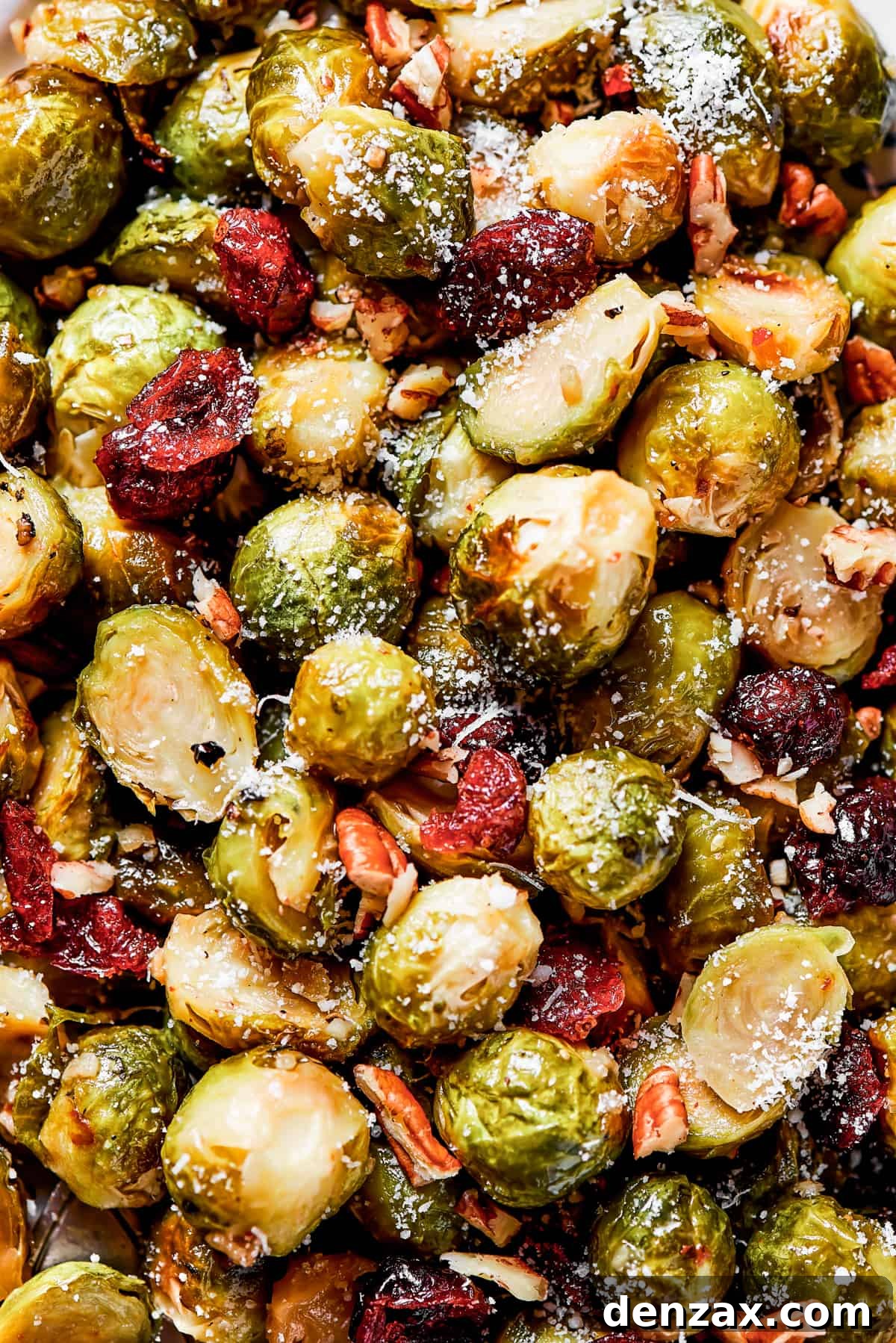 A close-up shot of the glistening glazed Brussels sprouts, adorned with ruby-red cranberries and crunchy pecans.