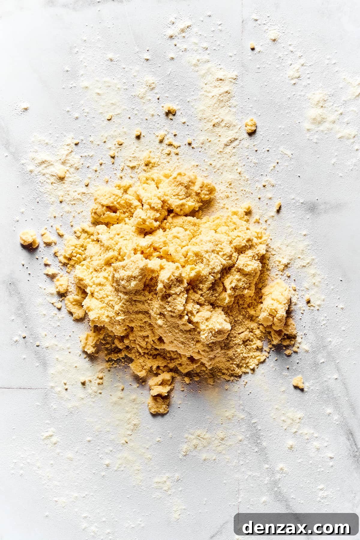 A beautifully crumbly yet cohesive biscuit dough resting on a marble work surface, ready for shaping.