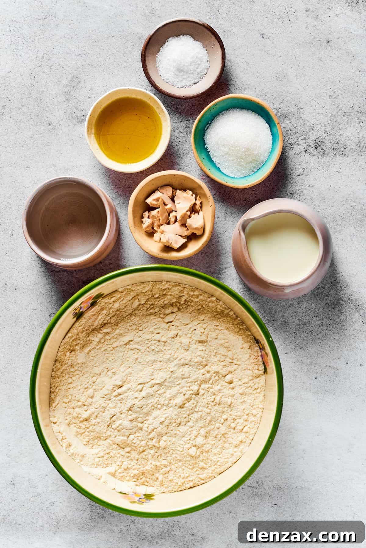 From top: Salt, oil, sugar, water, yeast, milk, flour.