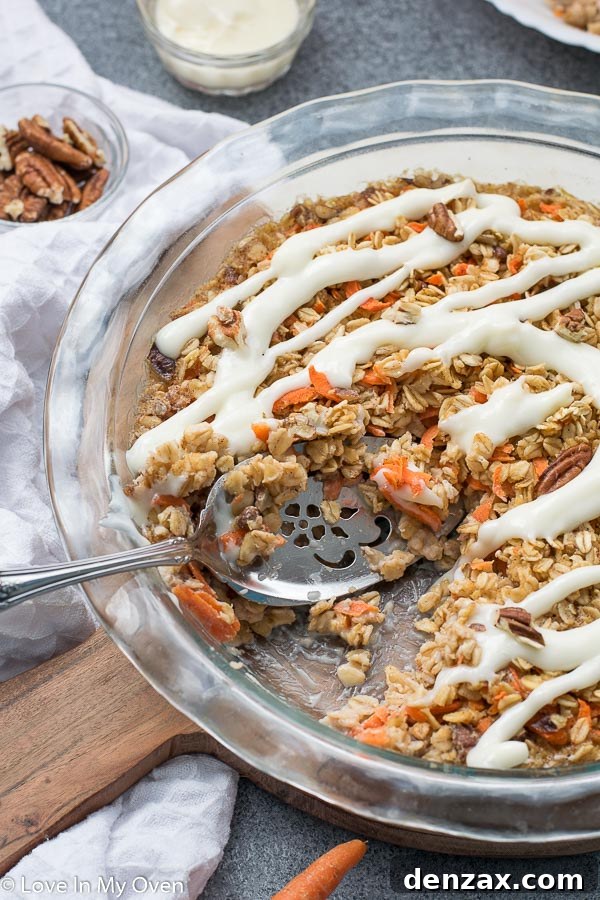 Top-down view of Carrot Cake Baked Oatmeal in a baking dish