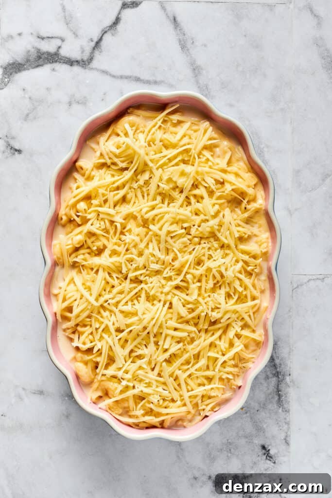 Oven-Baked Cheesy Perfection 7 An unbaked macaroni and cheese casserole in a baking dish, generously topped with an even layer of shredded mozzarella, ready for the oven.