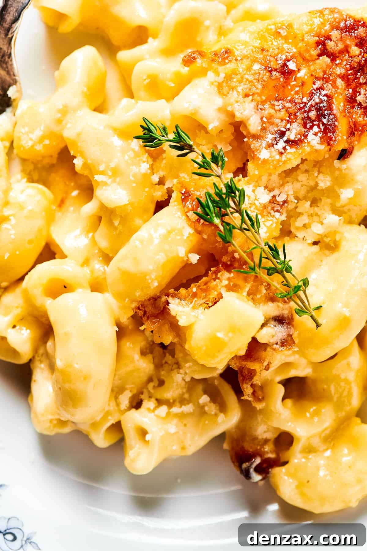 A major family favorite, this ultra-cheesy Baked Macaroni and Cheese is easy to make and perfect for holidays, meatless meals, or anytime! A close-up view of baked macaroni and cheese in a baking dish, highlighting the rich, golden-brown crust and the creamy, gooey texture beneath, ready to be served.