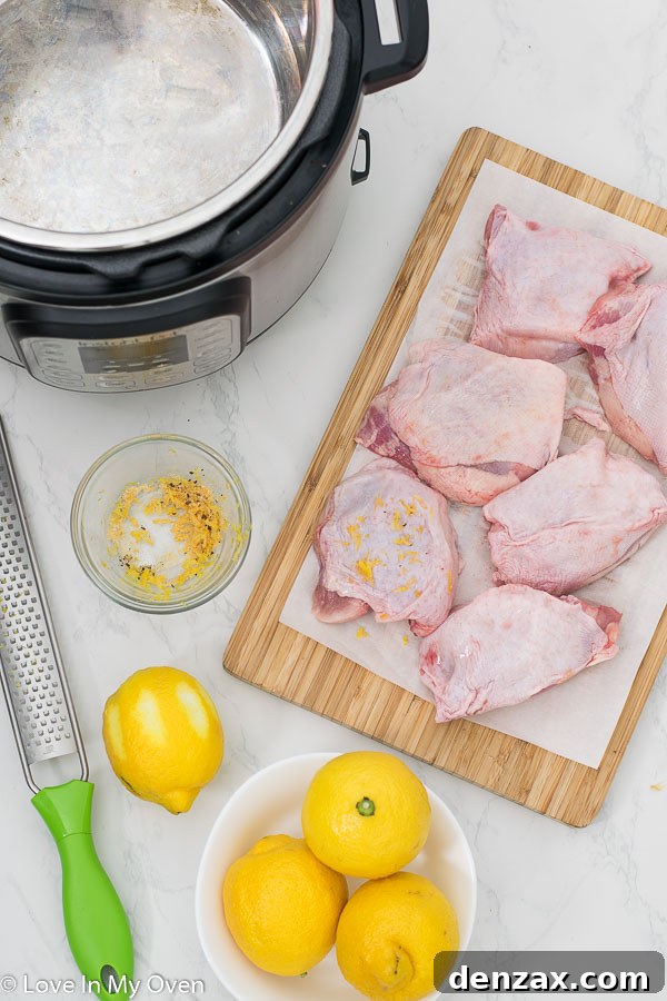 Ingredients for Instant Pot Lemon Garlic Chicken Thighs laid out.