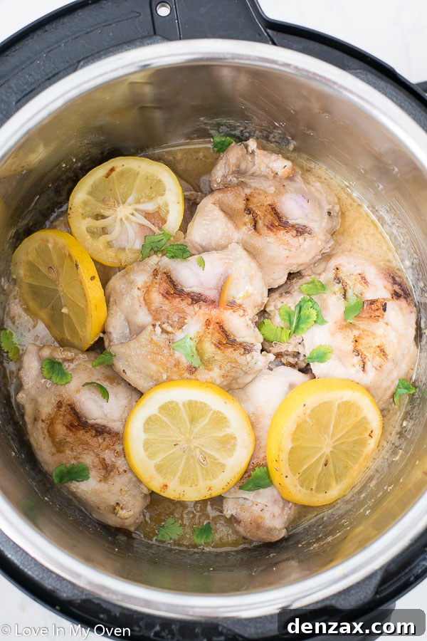 Plated Instant Pot Lemon Garlic Chicken Thighs with fresh parsley.