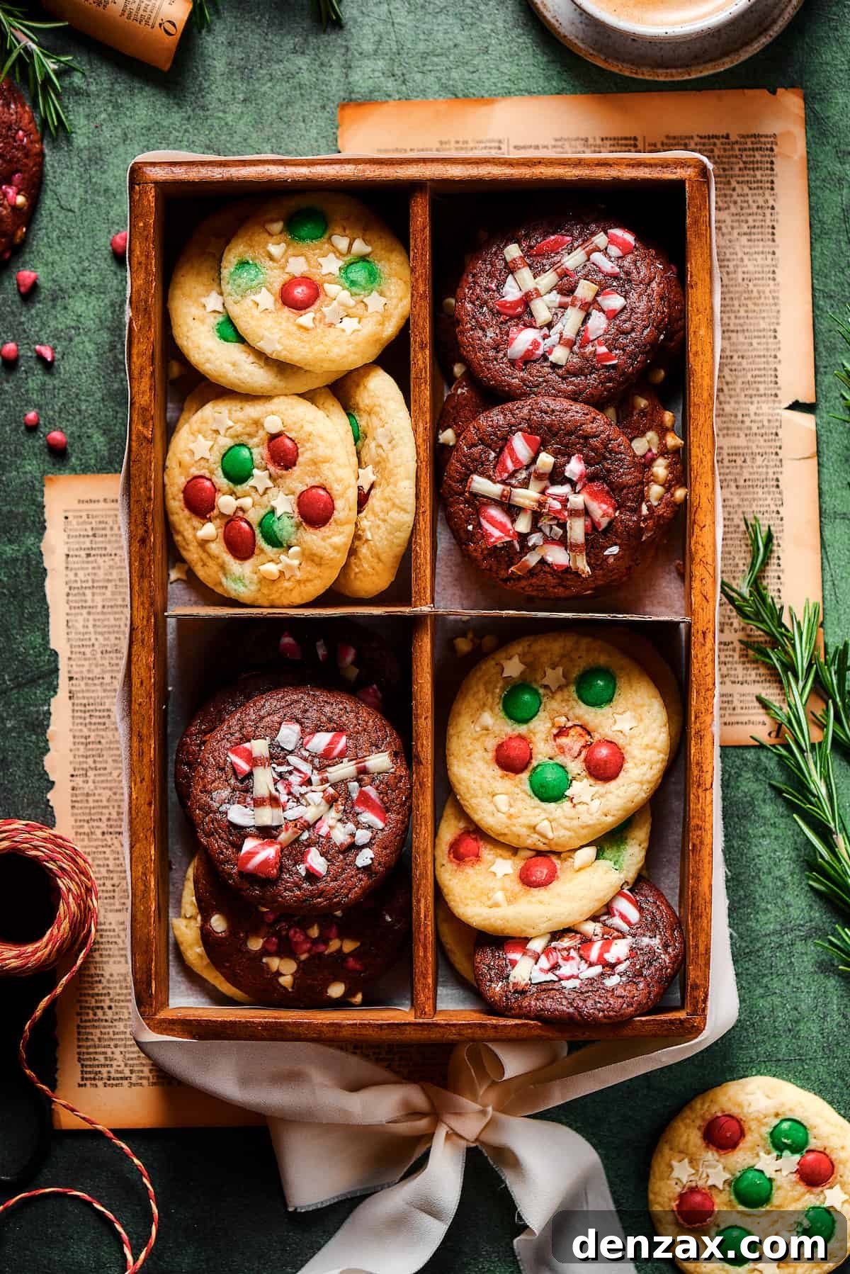 A festive box filled with both chocolate and vanilla Christmas Cake Mix Cookies, each adorned with red and green M&M's and sprinkles. The cookies are soft, vibrant, and perfectly baked for the holiday season.