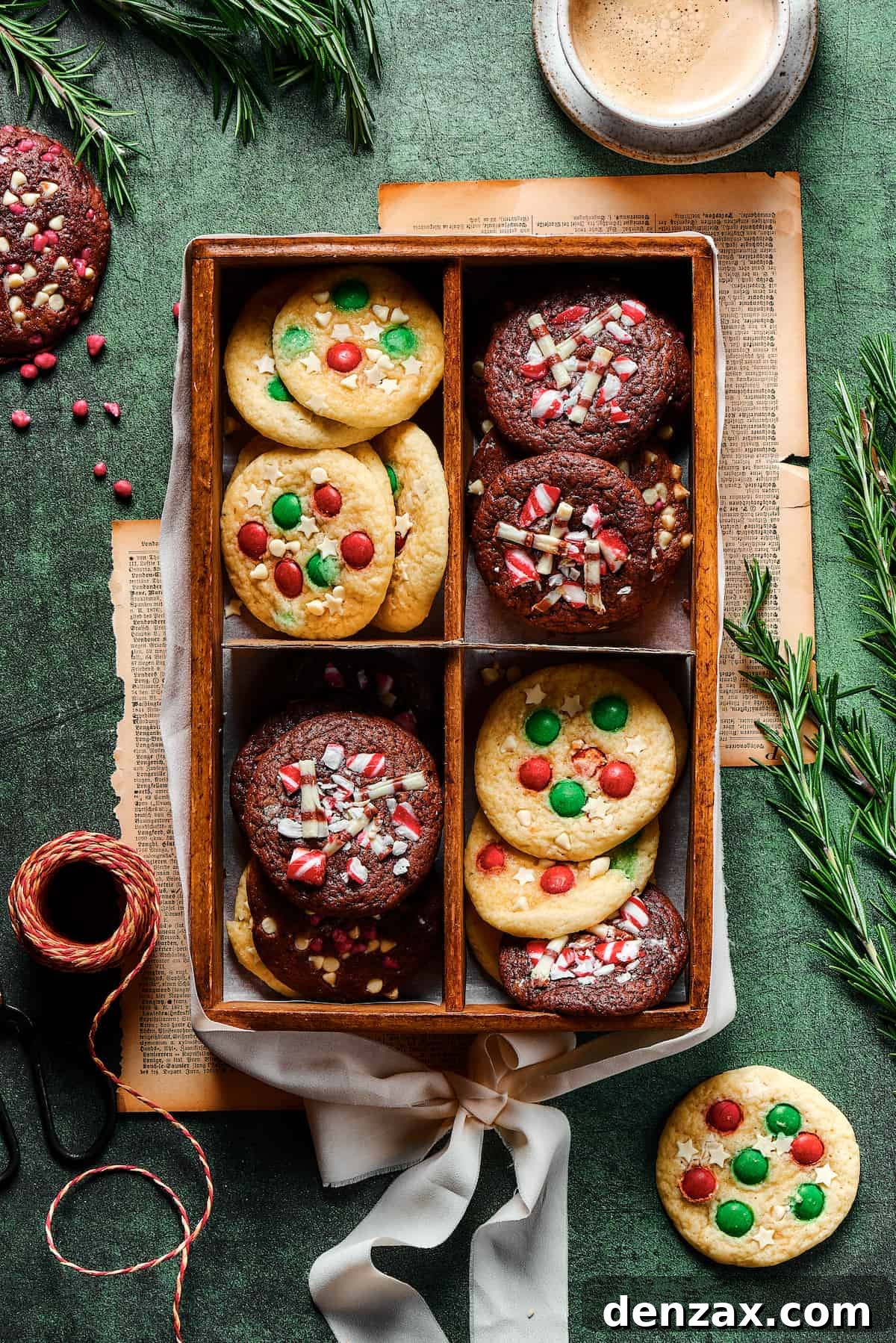 A charming divided box showcasing an assortment of freshly baked Christmas cookies in each section, perfect for gifting or a festive spread.