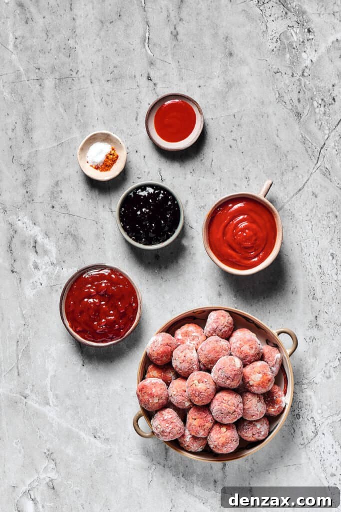 From top: Seasonings, sriracha, grape jelly, ketchup, barbecue sauce, frozen meatballs.