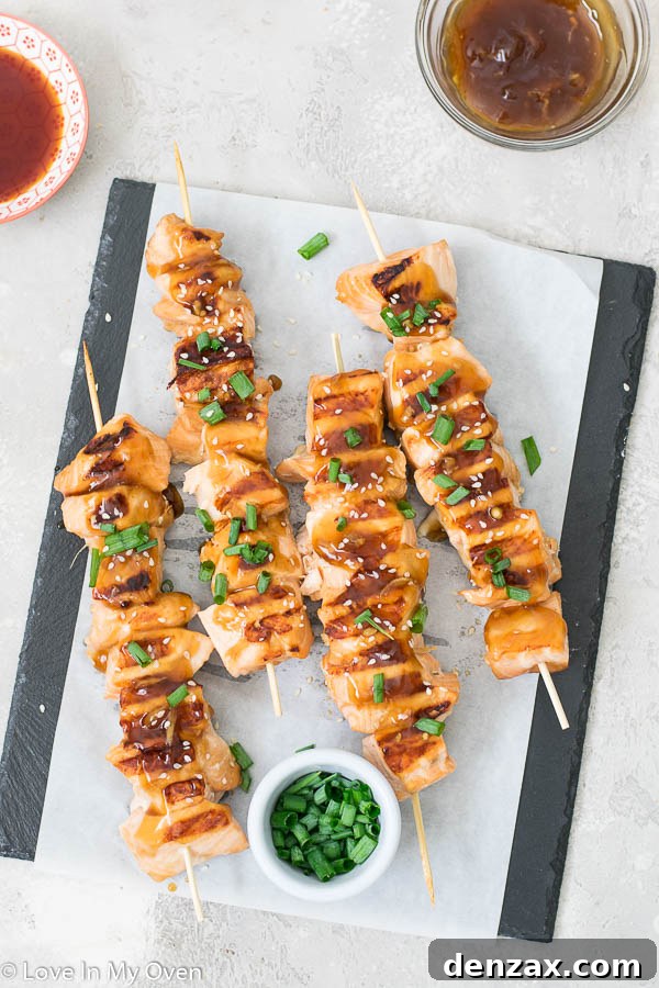 Delicious grilled teriyaki salmon bites on skewers
