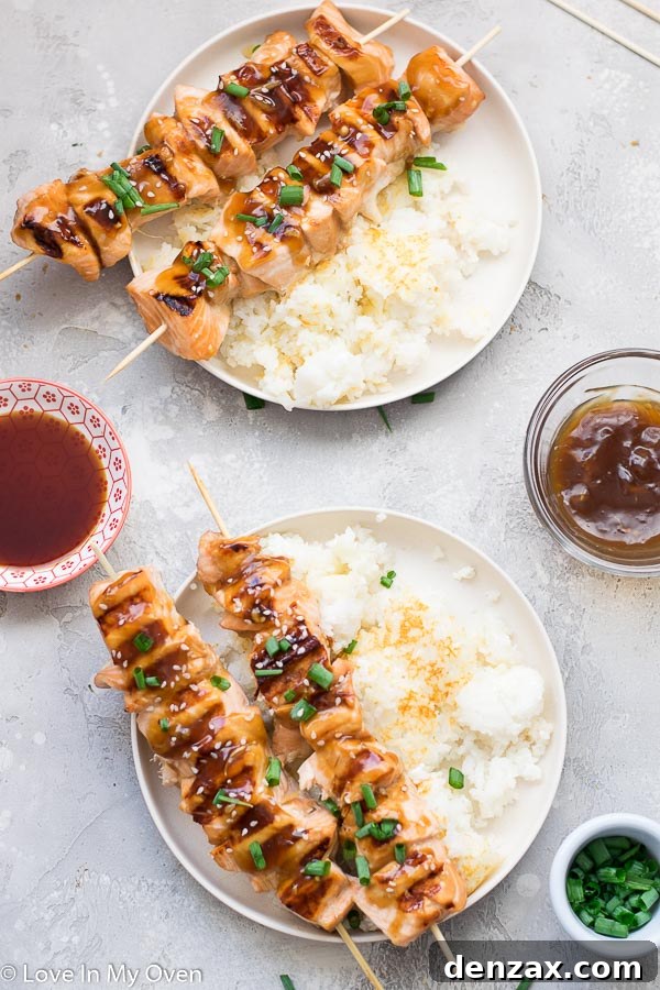 Plate of teriyaki salmon bites with crispy rice
