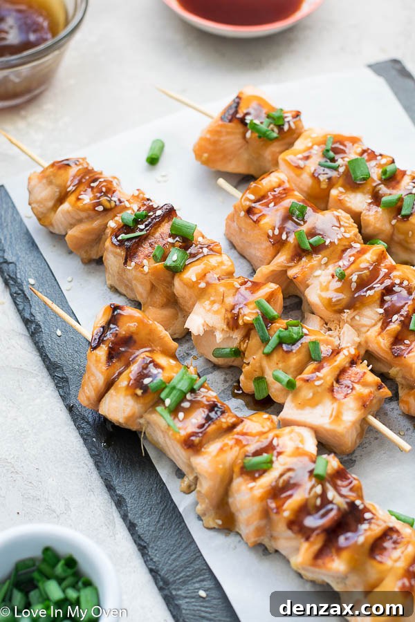 Overhead view of grilled teriyaki salmon bites