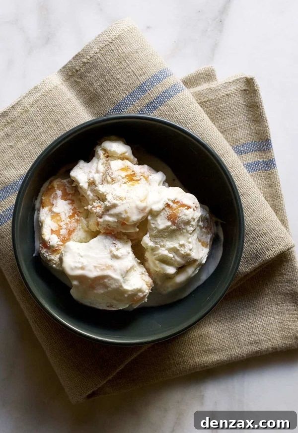 25 Irresistible No-Churn Ice Cream Creations 17 Creamy No-Churn Peach Vanilla Bean Ice Cream in a white bowl