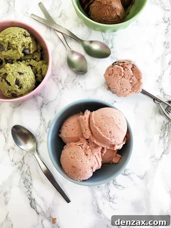 25 Irresistible No-Churn Ice Cream Creations 26 Three flavors of Banana Nice Cream in small bowls, garnished with fruit