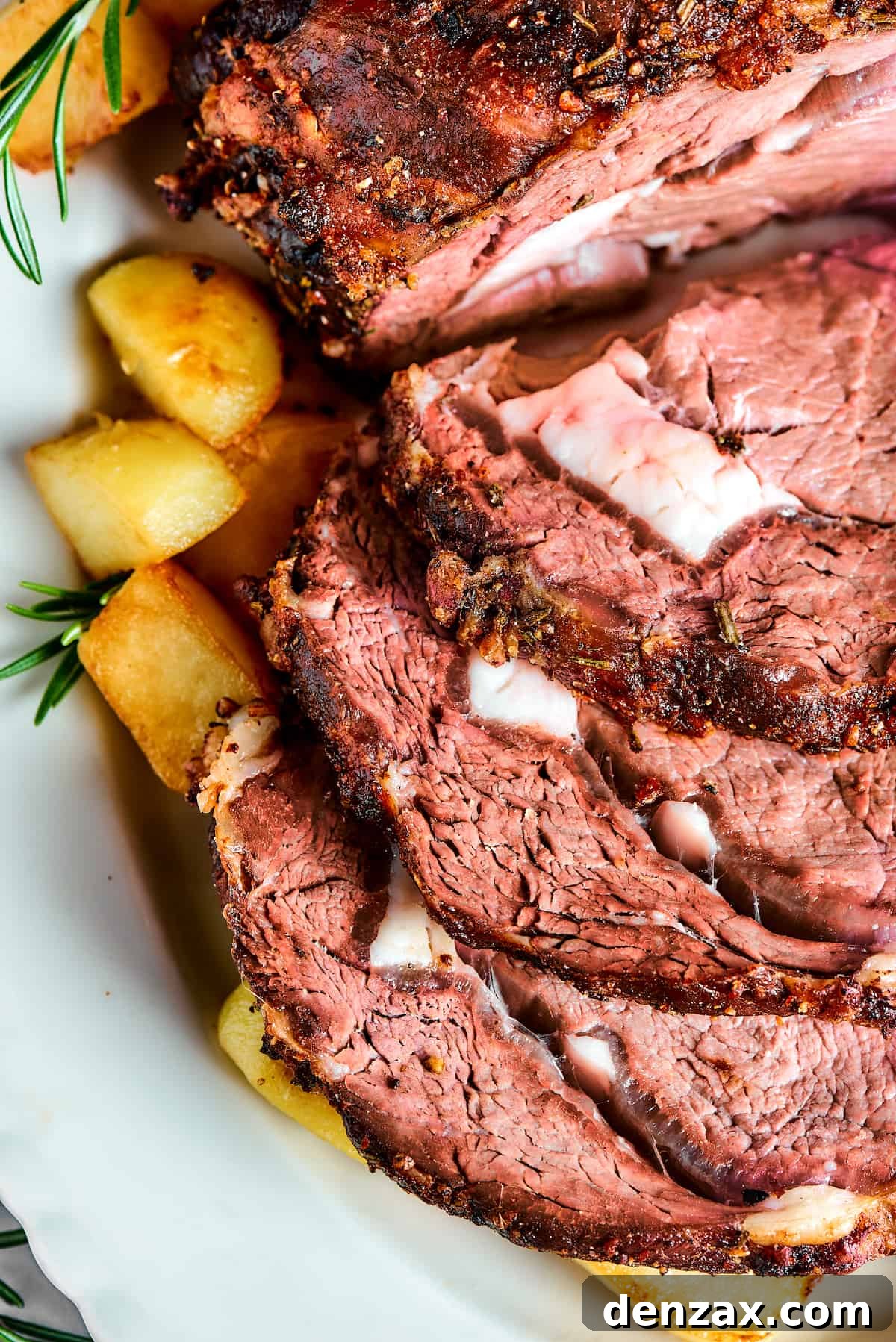 Medium-rare sliced rib roast.