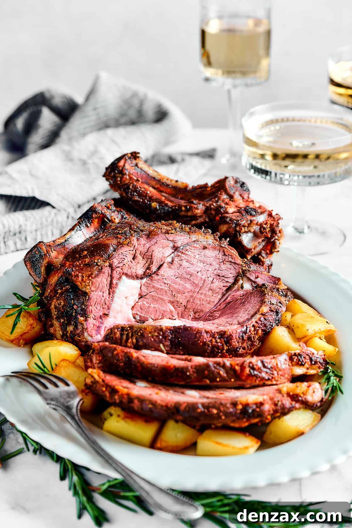 A bone-in rib roast, cooked and plated on a white serving dish.
