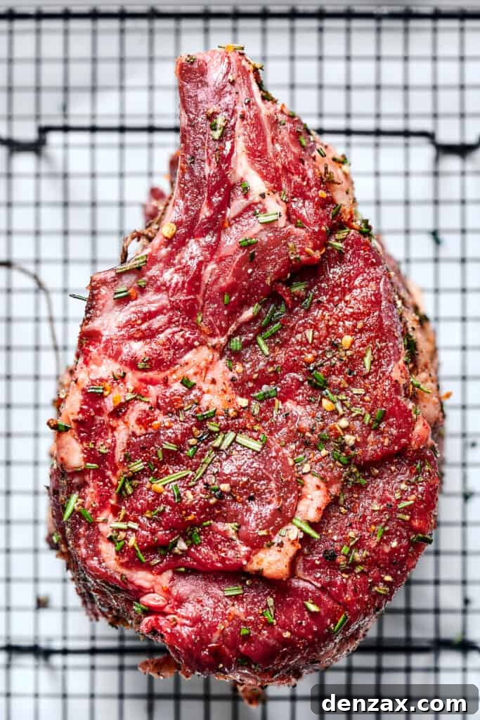 A rib roast sprinkled with sesaonings on a wire rack.