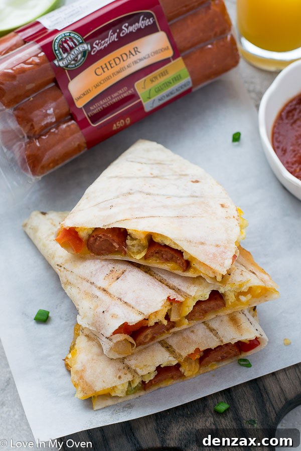 Delicious and easy grilled breakfast quesadillas with cheddar smokies and scrambled eggs, perfect for a quick meal.